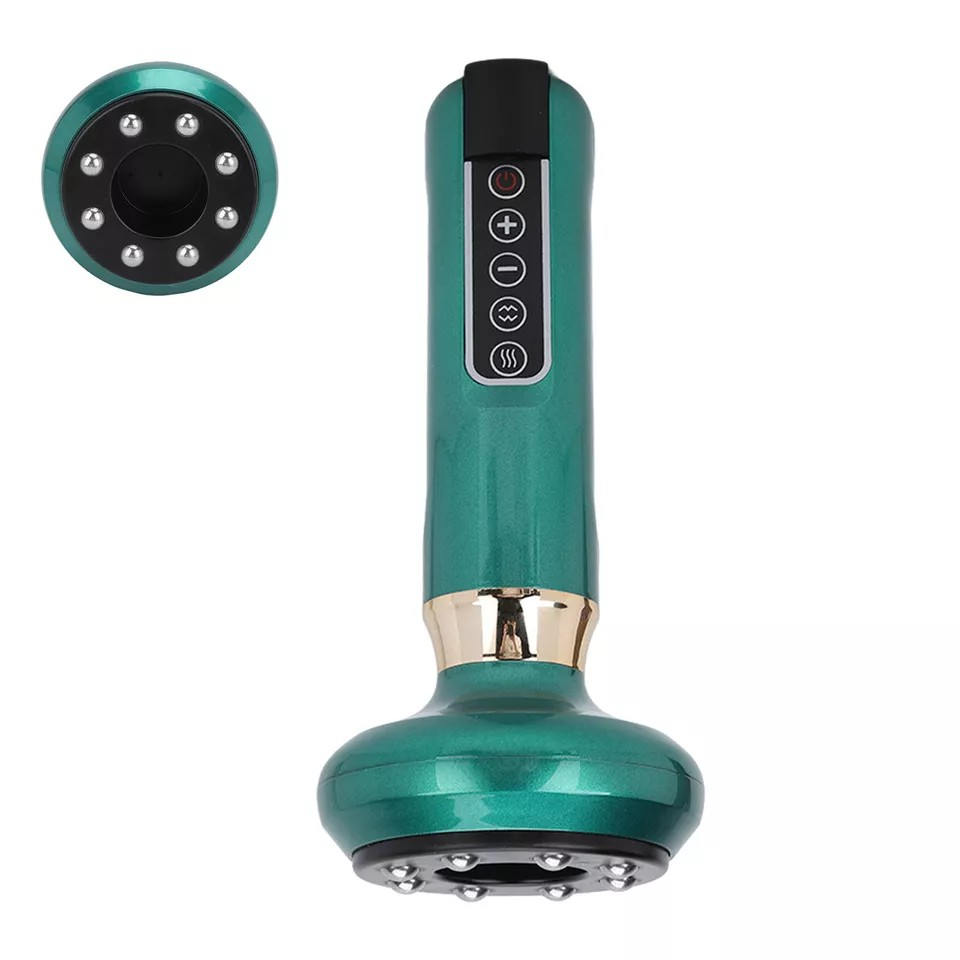 Bottom and front view of green anti-cellulite massager highlighting features